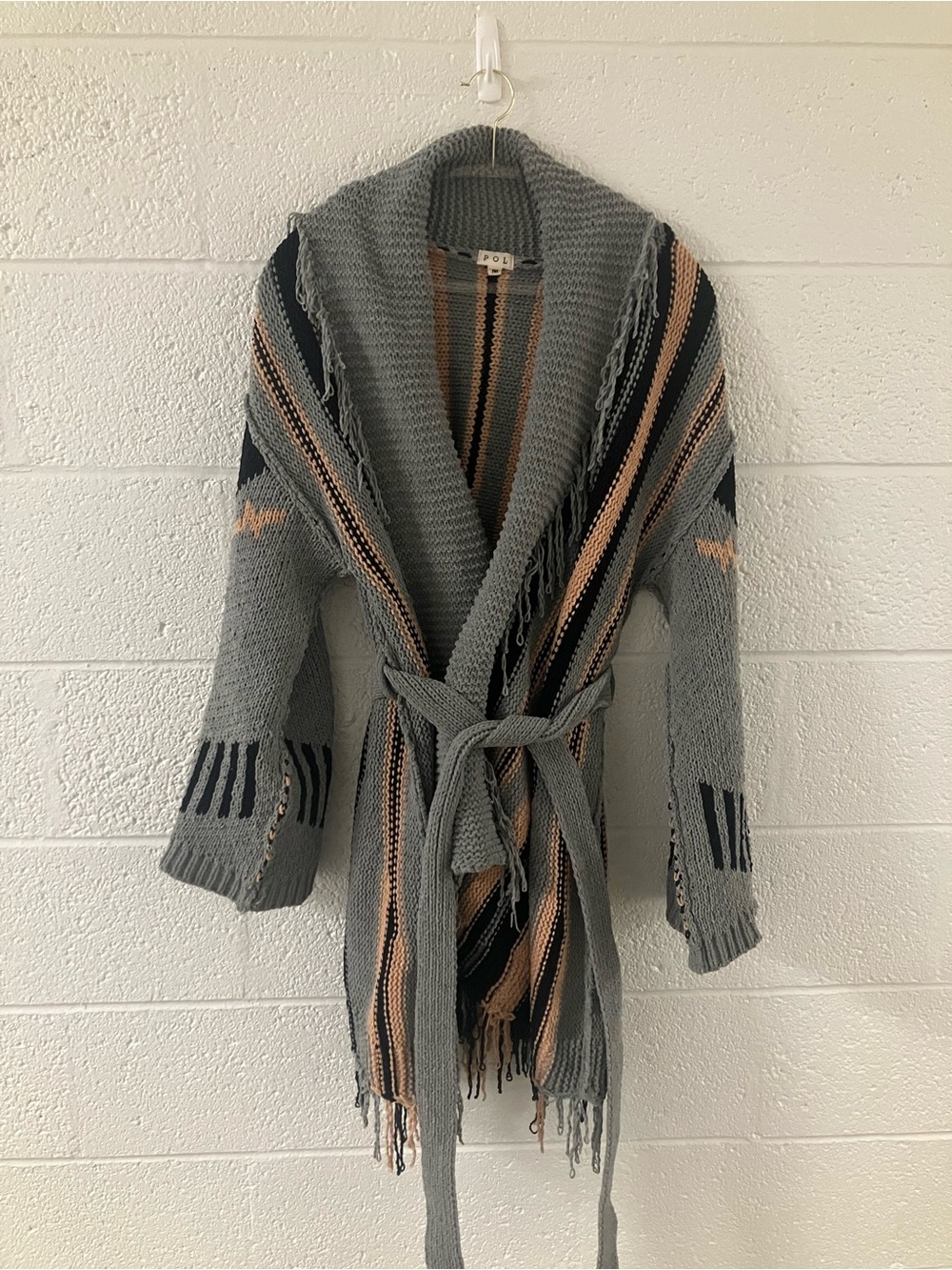 POL Grey Knit Fringe Belted Cardigan with Black and Tan Stripes